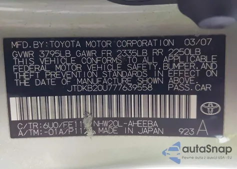 2007 Toyota Prius z USA, uszkodzony, nr VIN JTDKB20U777639558